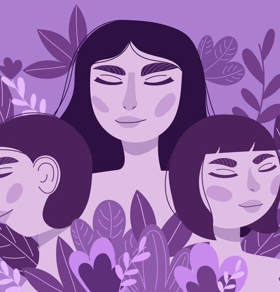 Ilustración 3 mujeres, en tonos violetas representando el feminismo y la sororidad
