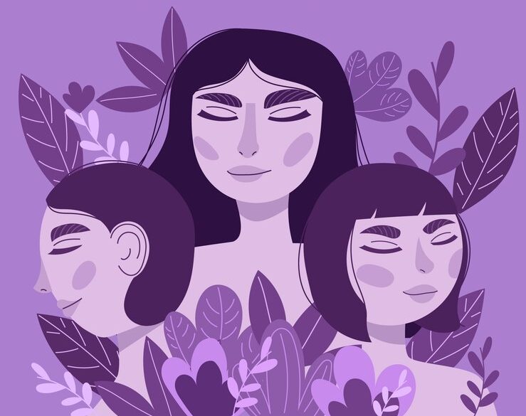 Ilustración 3 mujeres, en tonos violetas representando el feminismo y la sororidad